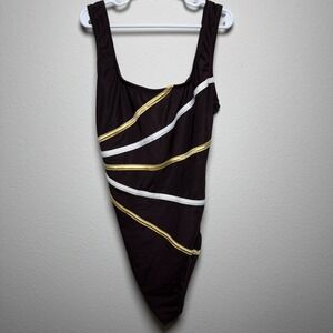 Longitude Women One Piece Swimsuit 8 Brown White Gold Stripe Squareneck Shelf Br